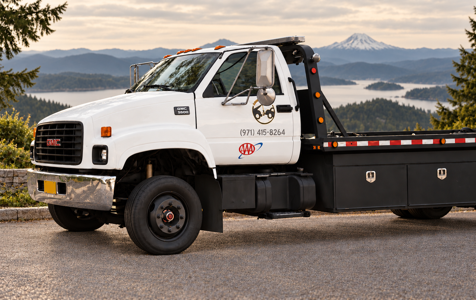 White West Union Towing truck with a black flatbed